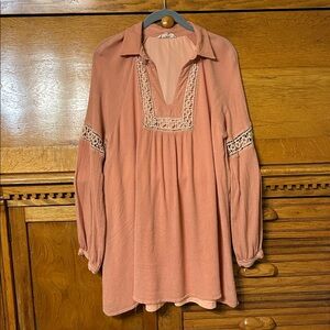 Entro Peach Dress/Tunic Collared V-Neck Balloon Sleeve Lace Boho Cottagecore Lg